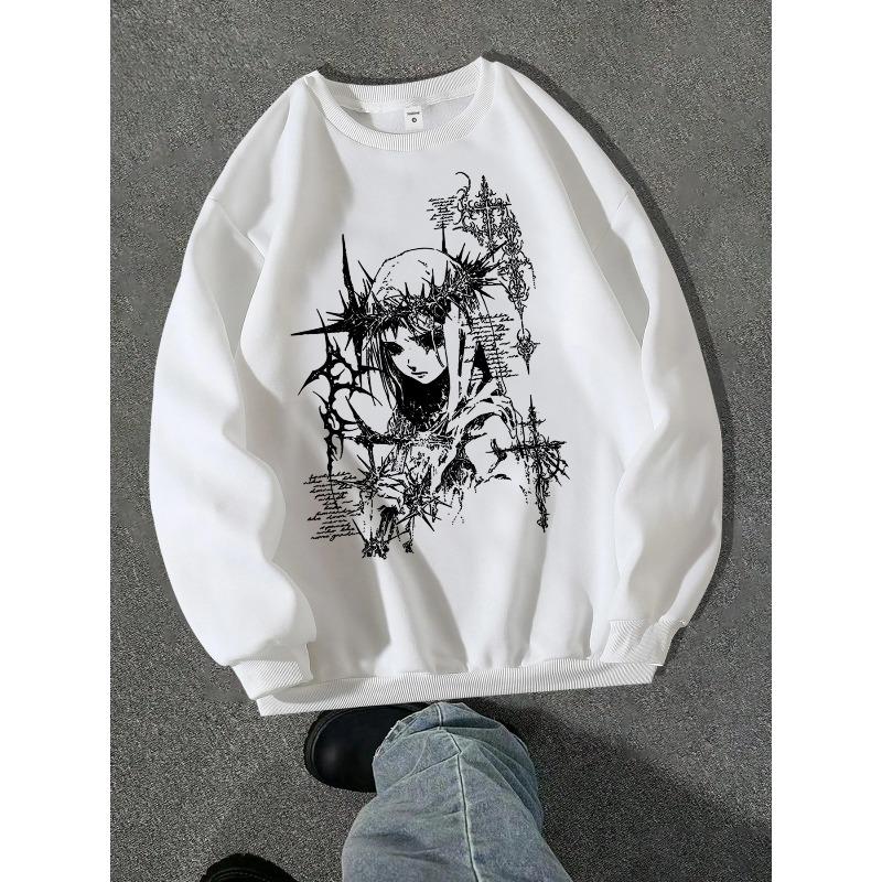 Gothic Punk Style Printed Crewneck Sweatshirt, a Fashionable Streetwear Crewneck Sweatshirt Suitable for Casual Occasions, New Spring Collection
