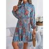 New Elegant Floral Tie Waist Long Sleeve Pleated Skirt Women's Fashion Dresses