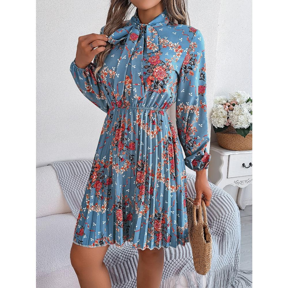 New Elegant Floral Tie Waist Long Sleeve Pleated Skirt Women's Fashion Dresses