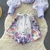 Summer Autumn New Arrival Flower Print Two Piece Pants Sets Women's Lantern Sleeve Blouse Tops and High-Waisted Wide-Leg Shorts Sets