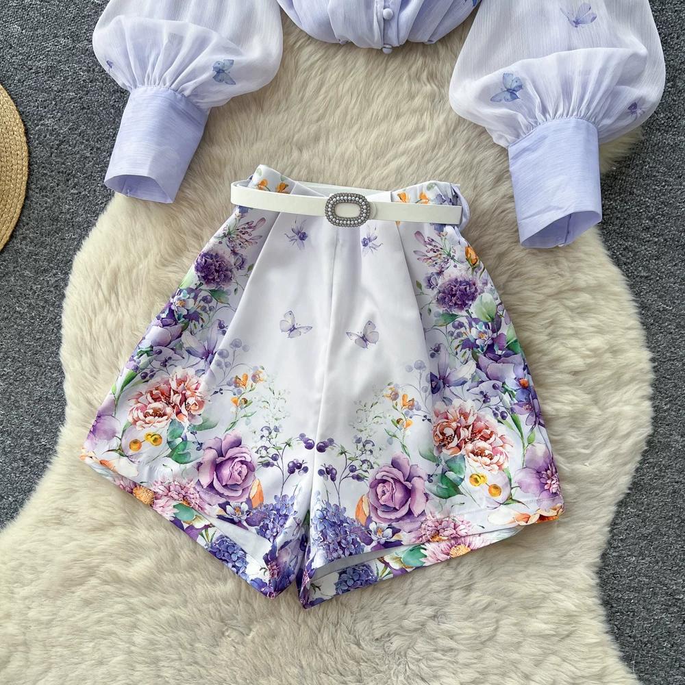 Summer Autumn New Arrival Flower Print Two Piece Pants Sets Women's Lantern Sleeve Blouse Tops and High-Waisted Wide-Leg Shorts Sets