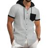 Men's Summer Hooded T-shirt Short Sleeved Button Down Tee with Chest Pocket Waffle Color Block Casual Hoodie T-shirt for Gym Street Wear