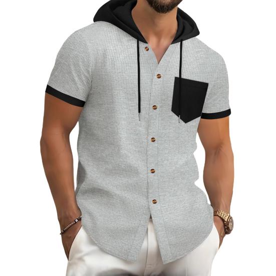 Men's Summer Hooded T-shirt Short Sleeved Button Down Tee with Chest Pocket Waffle Color Block Casual Hoodie T-shirt for Gym Street Wear
