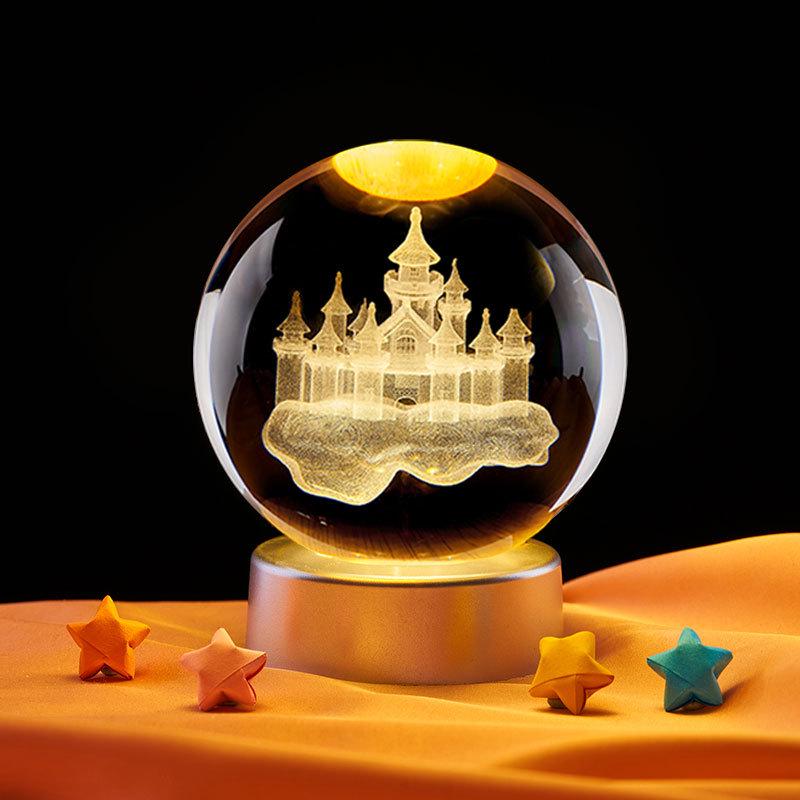 3D Carved Castle in the Sky Crystal Ball Night Light – Luminous Glass Ornament & Valentine's Day Gift