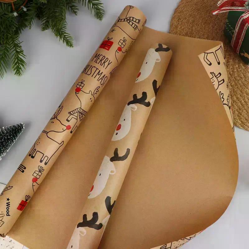 Christmas Gift Wrapping Paper Kawaii Cute Reindeer Wrapping Paper Kraft Paper Xmas Party Favors Decoration Handmade Gifts
