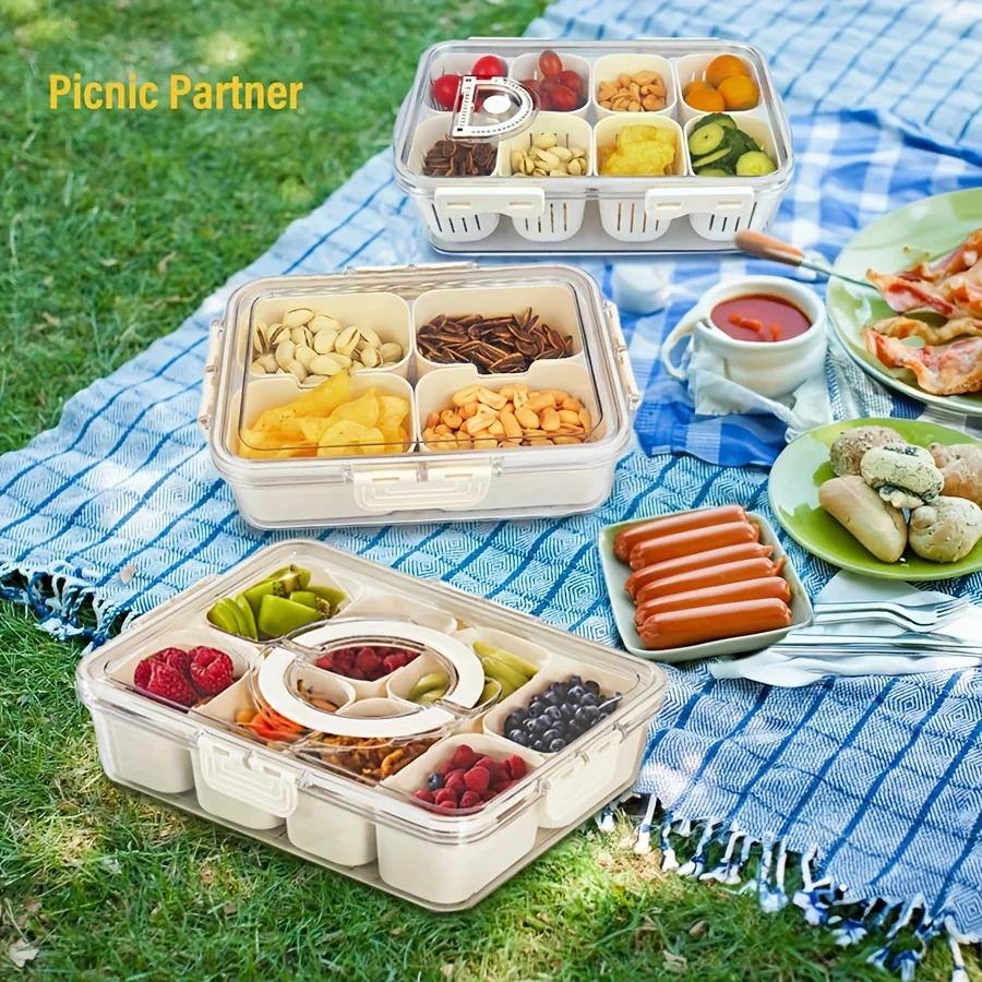 4Grid /8 Grid Snack Box Container, Portable Travel Charcuterie Board with Lid, Refrigerator Food Storage Box, Snack Organizer