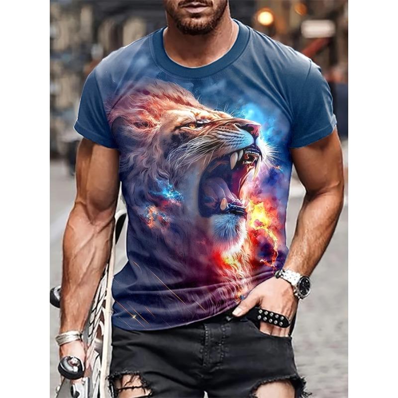 Men's 3D Roaring Lion Printed T-Shirt Cool Galaxy Flame Animal Graphic Tee Casual Short Sleeve Crewneck Top Hip Hop Streetwear Summer Fashion Clothes