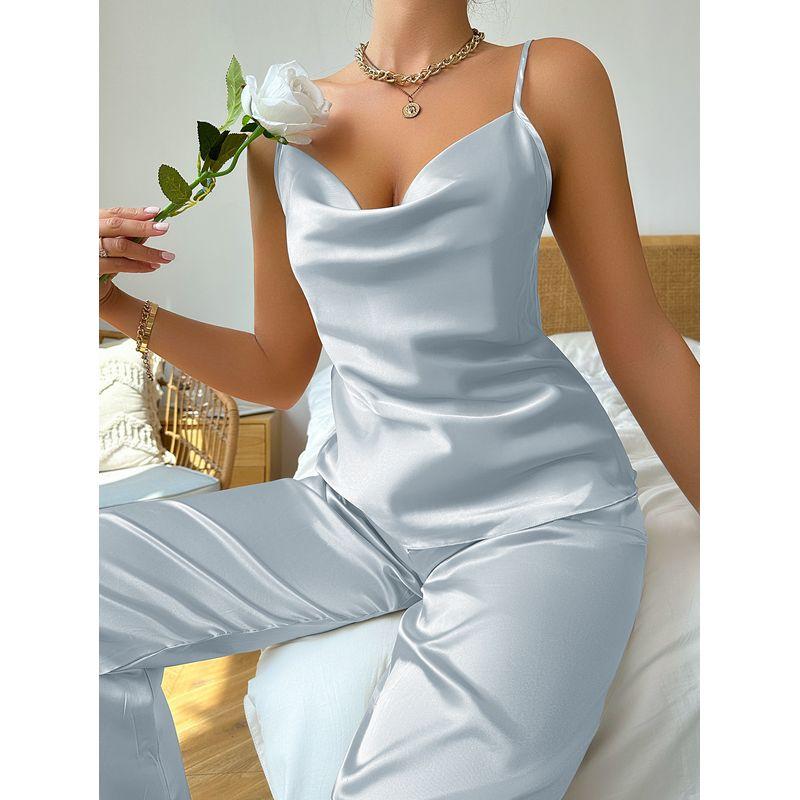 

Solid Color Thin Sling Two-Piece Set Woman Pure Color Thin with Shoulder-Straps Two-piece Set Haze Blue L