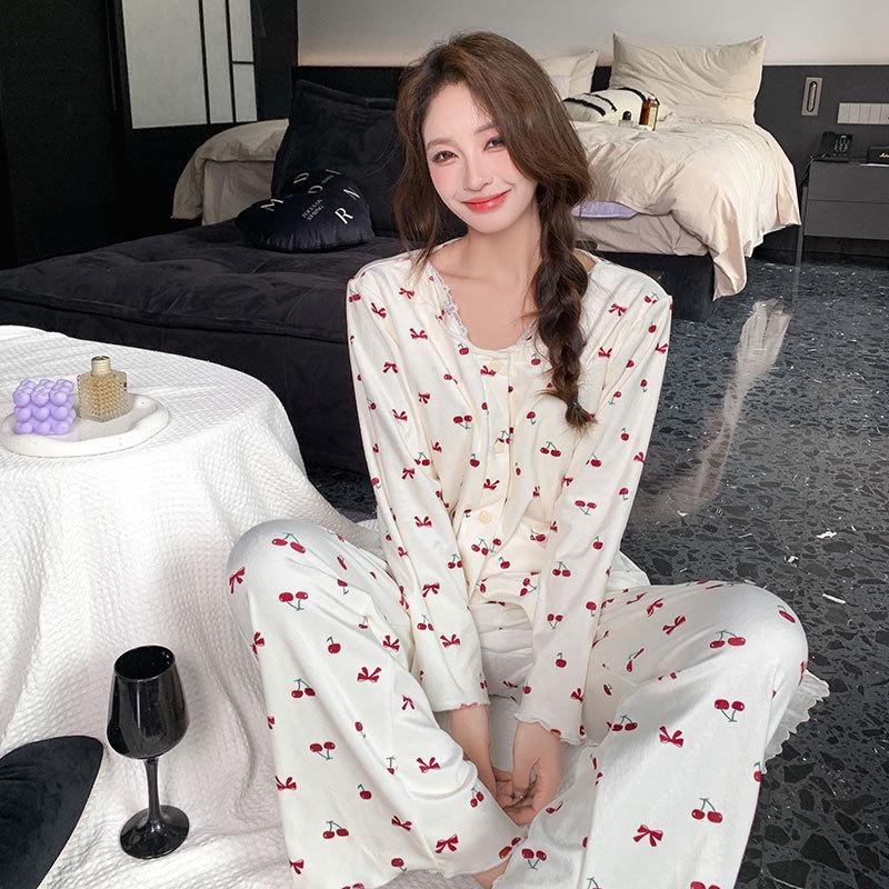 Sea Island Cotton Women's Pajama Set with Chest Pad - Cherry Bow Design for Spring & Autumn Wear Inside or Outside - 2025 Collection