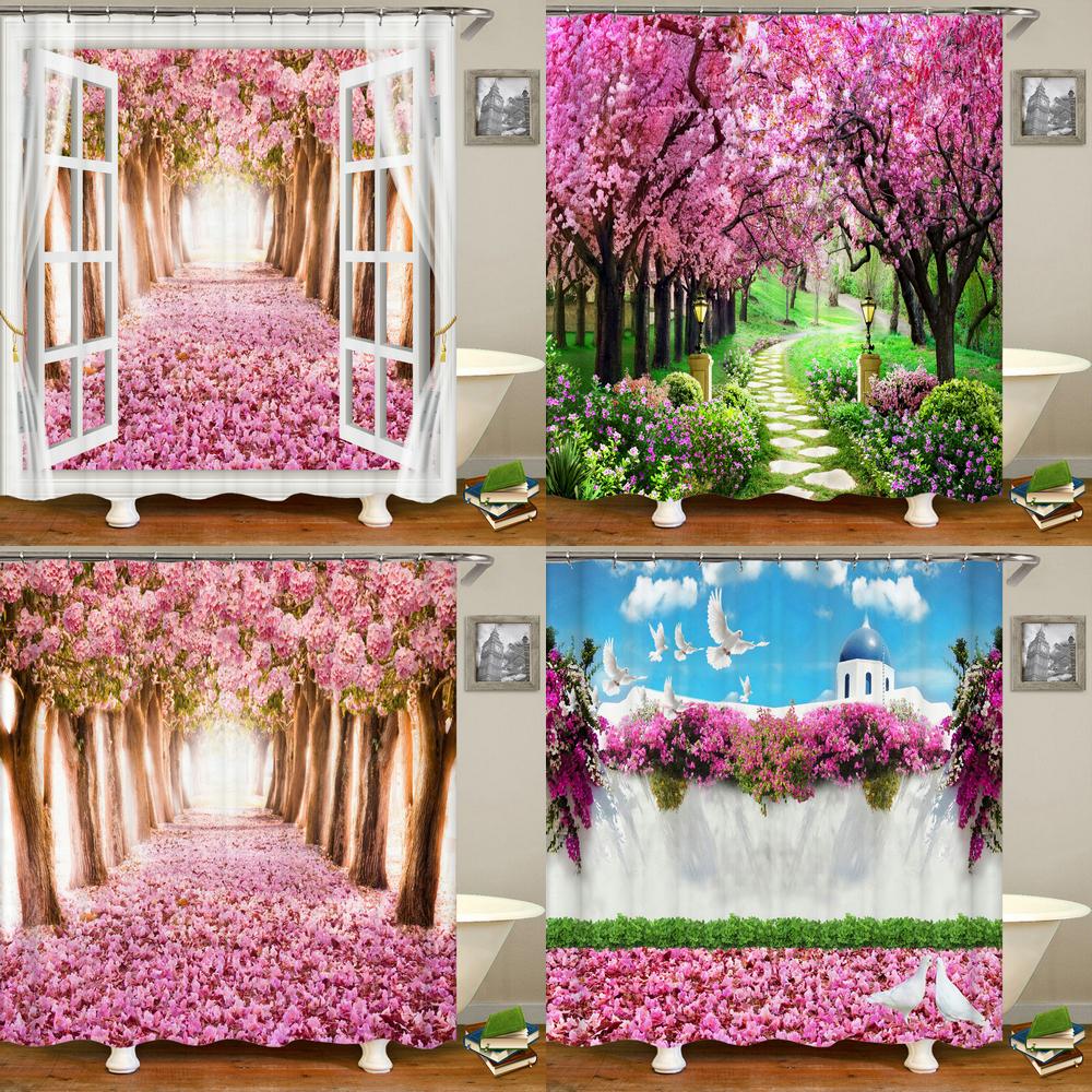 3D Beautiful colorful flower landscape printing bathroom waterproof shower curtain polyester curtain home decoration curtain