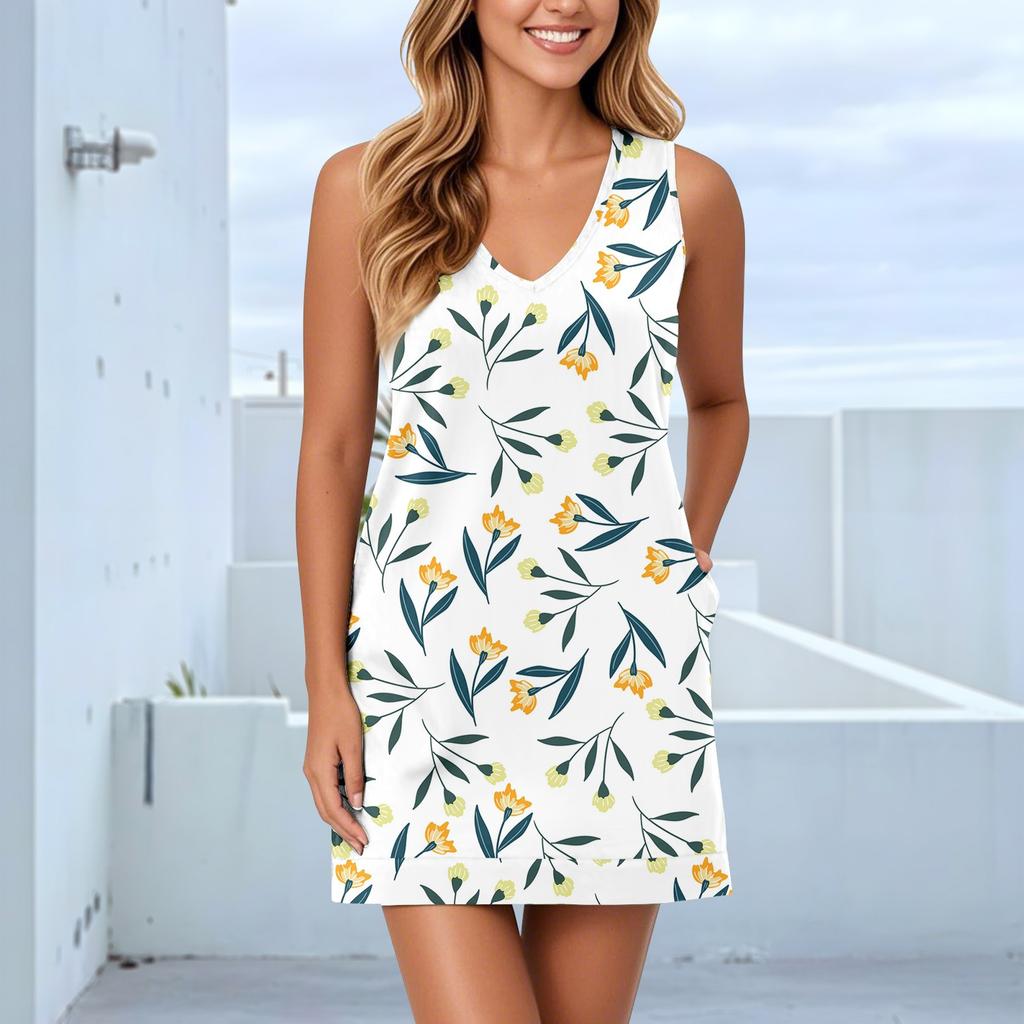 Soft V-Neck Tank Dress For Women Sleeveless Sundress Casual Relaxed Summer Dress With Pocket