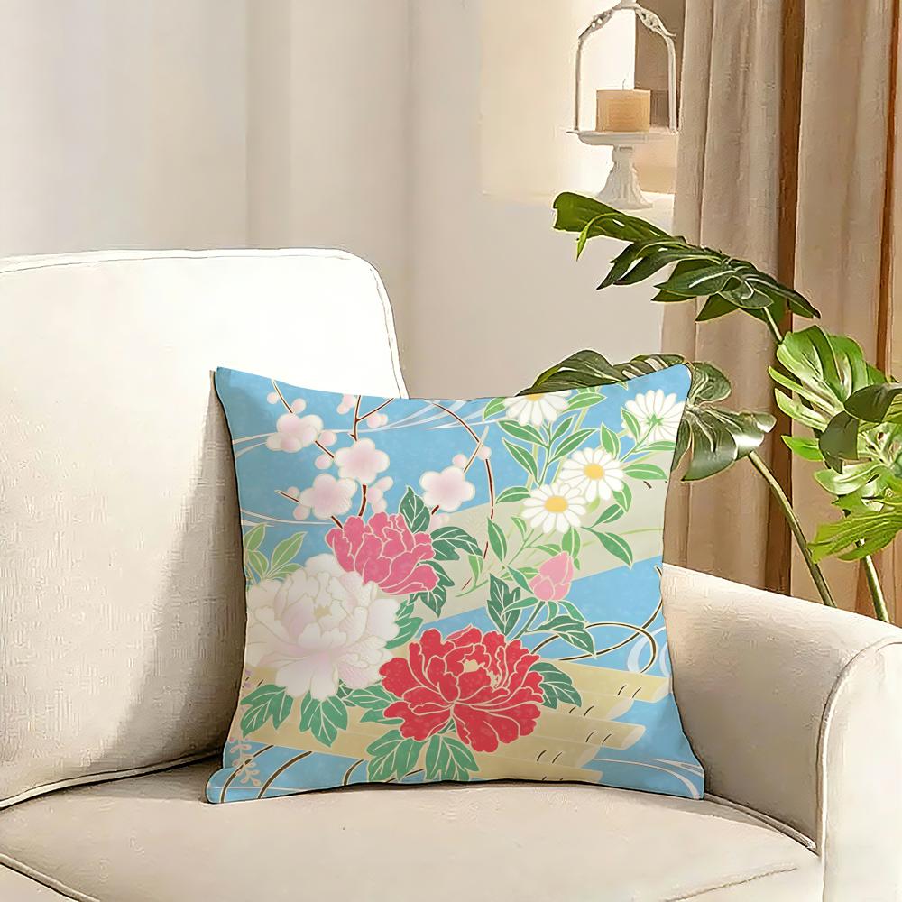 Kimono Fabric Cushion Cover Reversible Plush Pillow Cover Soft Fluffy Home Decor for Sofa Bedroom