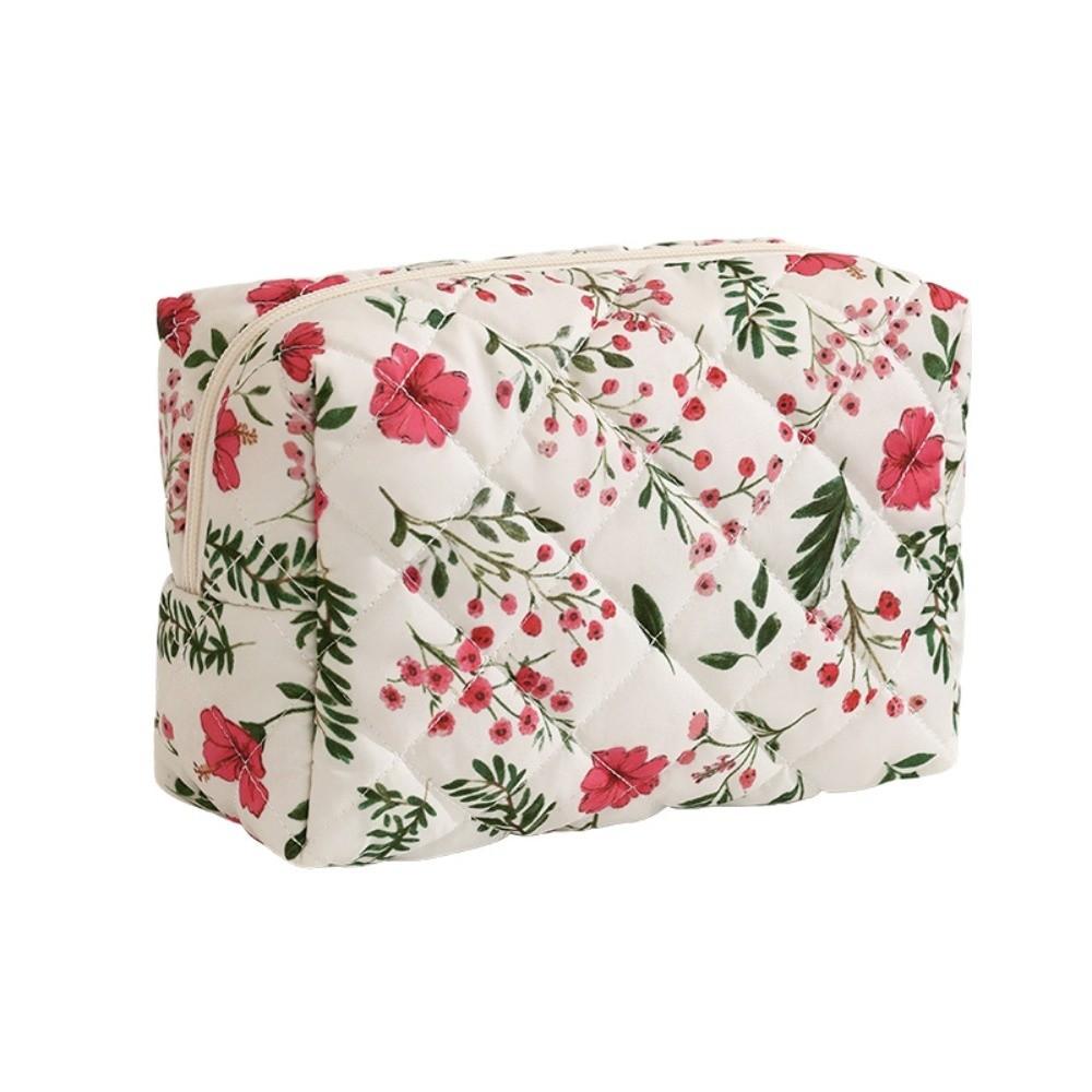 Fashion Quilted Makeup Bag Flower Printed Lightweight Cosmetic Pouch Large Capacity Travel Toiletry Handbag for Women