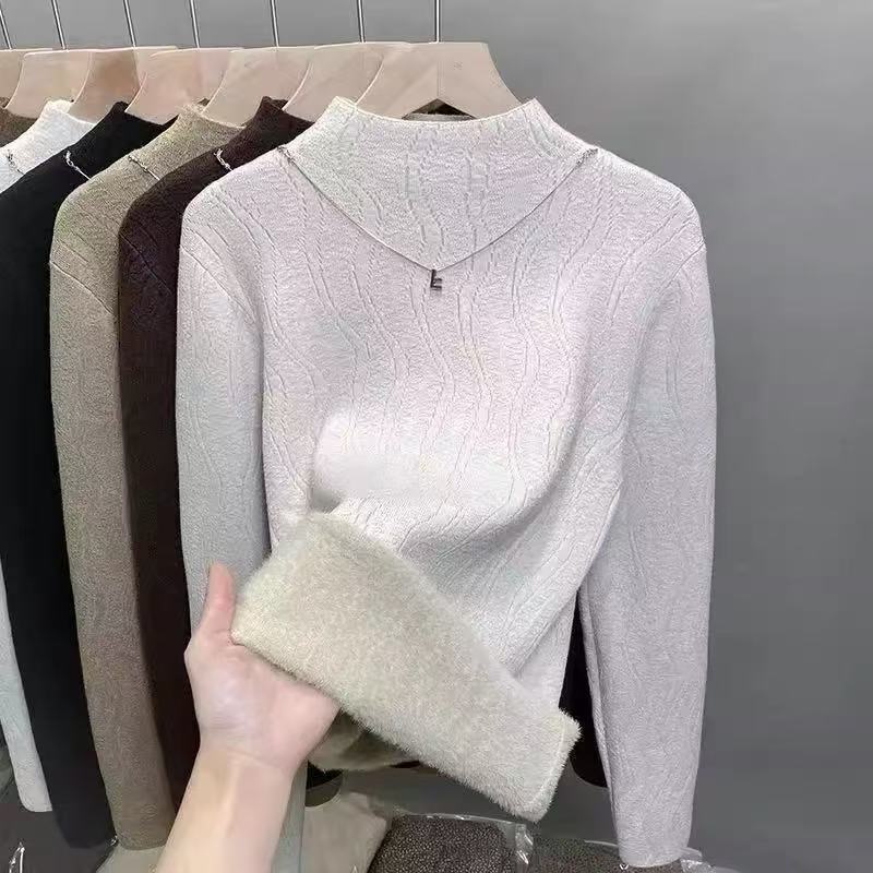 Autumn and winter fleece thickened sweater schoolgirl integrated fleece with semi-turtleneck knitted wool cashmere bottoming shirt top