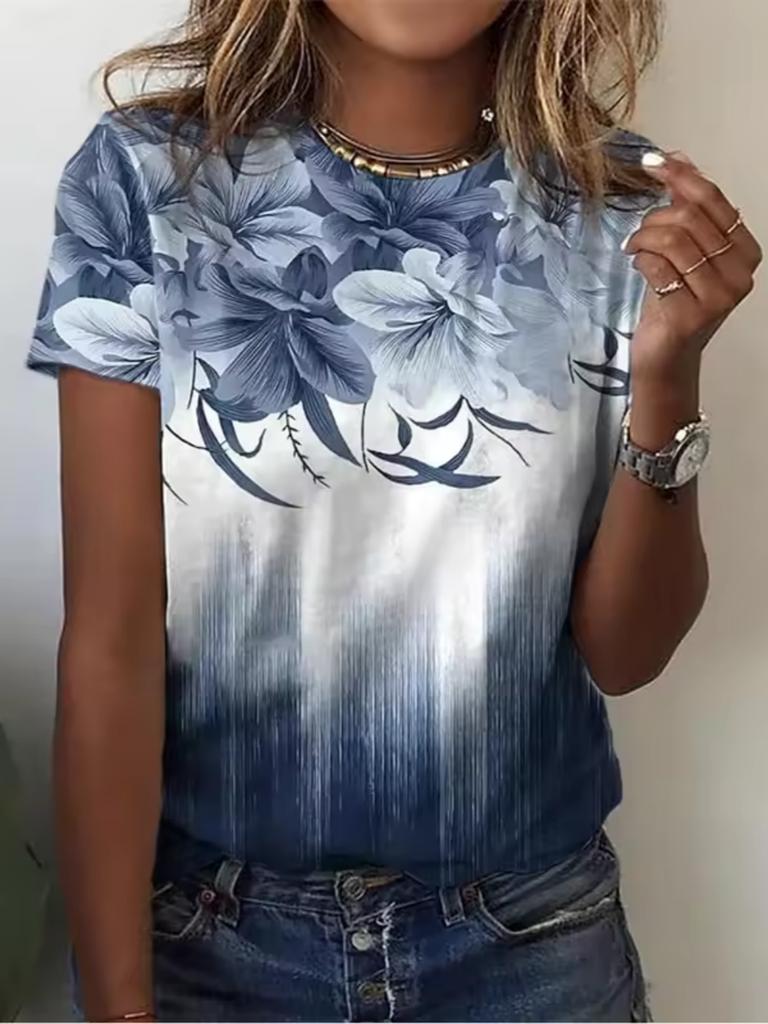Fashion Women's Crew Neck T-Shirt 3D Flower Color Printing Short Sleeve