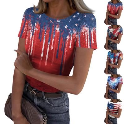 Women's Casual Fashion Round Neck Independence Day Print Short-Sleeve Ribbed Top