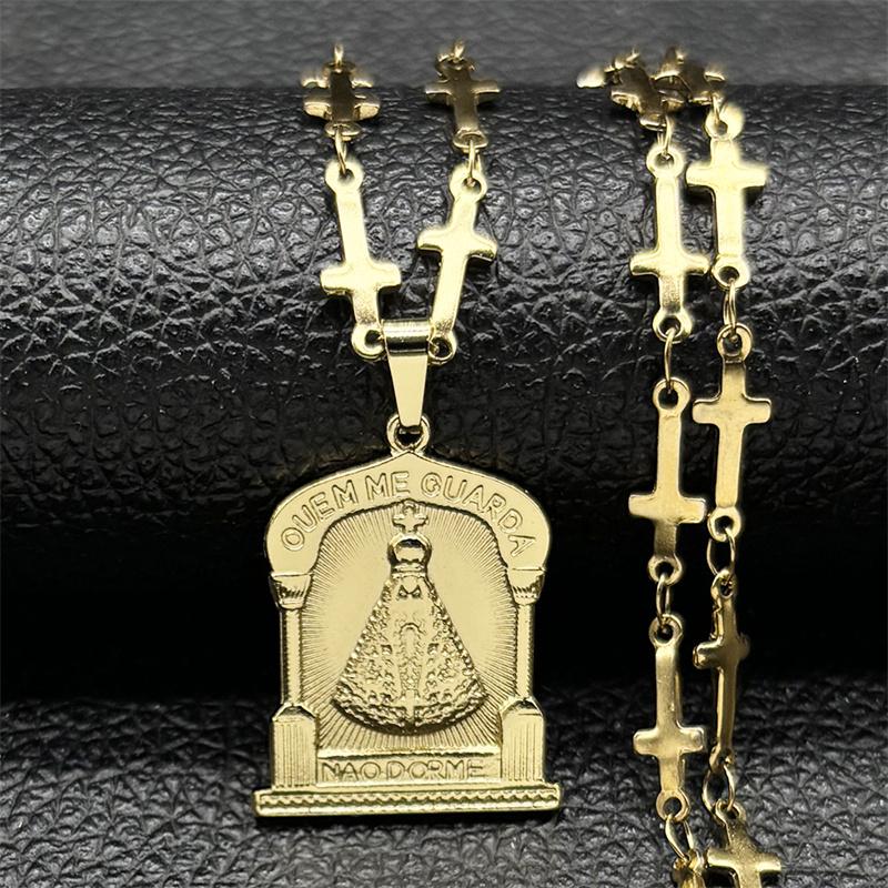 OUEM ME GUARDA Our Lady Of Aparecida Brazil Necklace for Women Men Stainless Steel Gold Color Cross Chain Jewelry collar hombre
