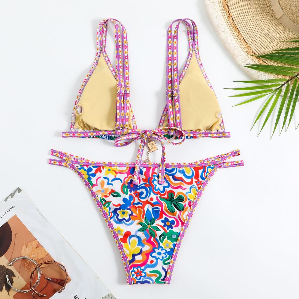 Damenmode Bikini-Set Bunter Blumendruck Zweiteiliger Badeanzug Sommer Strandbekleidung