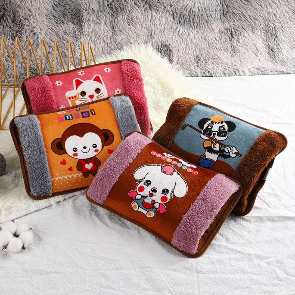 Flannelette Electric Hot Water Bottle EU Plug Cartoon Pattern Winter Heated Bag Explosion-Proof Random Color