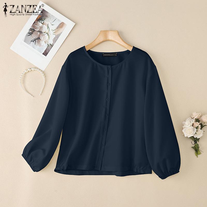 ZANZEA Women Casual Round Neck Loose Long Sleeve Plain Blouse