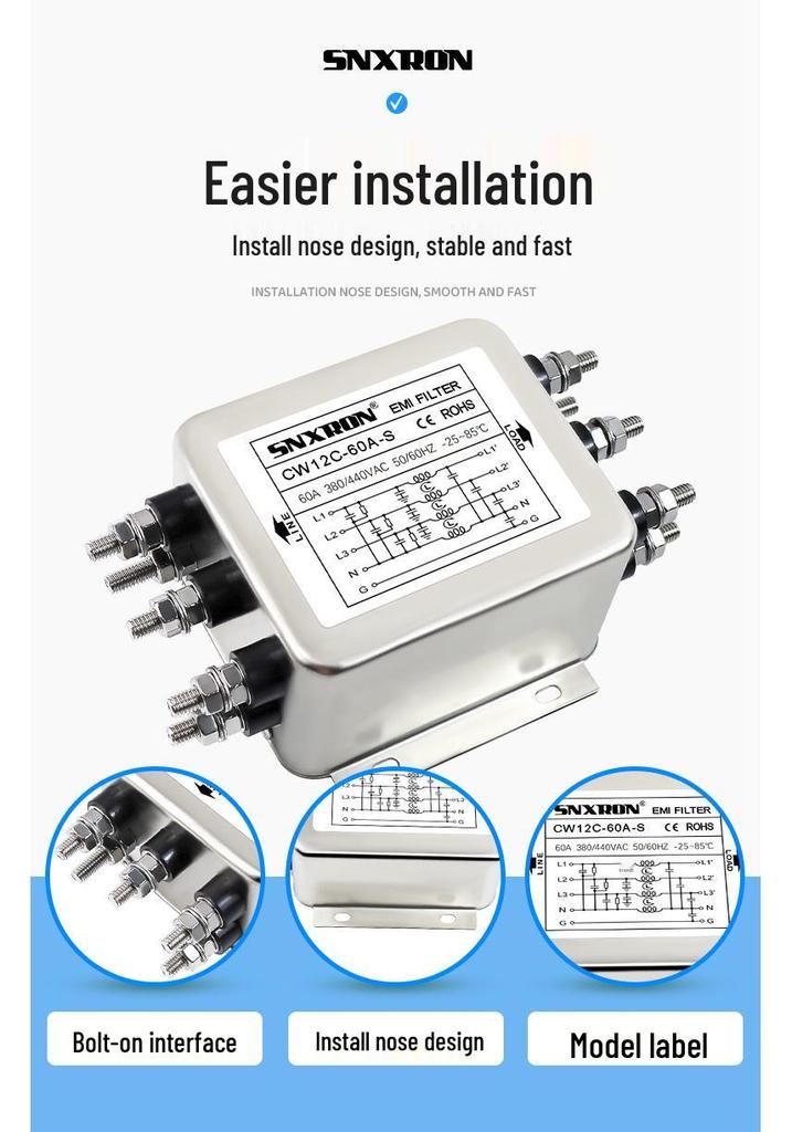 Three-Phase 4-Wire AC Filter CW12C-S 380/440V, 20/30/80A, VFD Noise Suppression