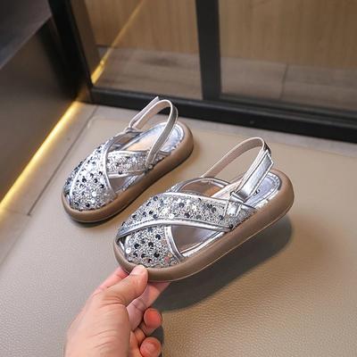Children's Summer Sandals Sequins Versatile Girls Causal Beach Shoes Fashion Anti-kick Kids Soft Bottom Flat Sandals Hook Loop