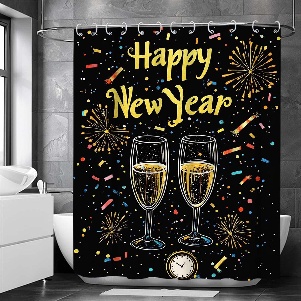 

Happy New Year English Letter Shower Curtain, Made Of Durable Polyester Material, Multiple Sizes Available,Perfect For Bathroom W60H190(CM)-1 Pcs