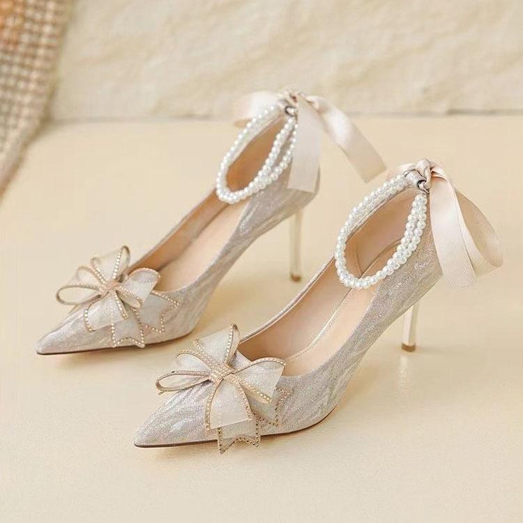 Bow High Heels Wedding Shoes Women's 2025 New Spring Bridesmaid Shoes Bride Shoes Stiletto Crystal Shoes French Single Shoes