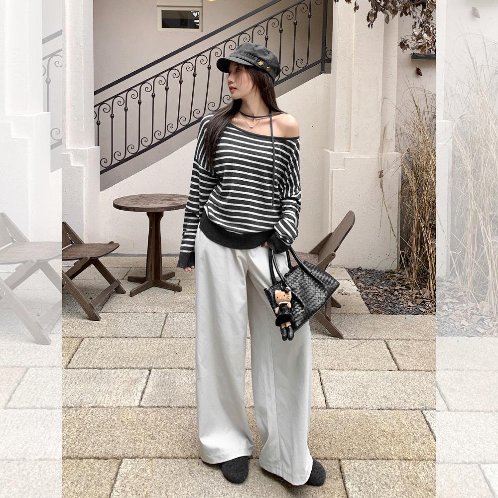 Long Sleeve Oversized Knitted Sexy Off the Shoulder Stripe Casual Loose Spring Autumn T Shirt Tops Women T-shirt