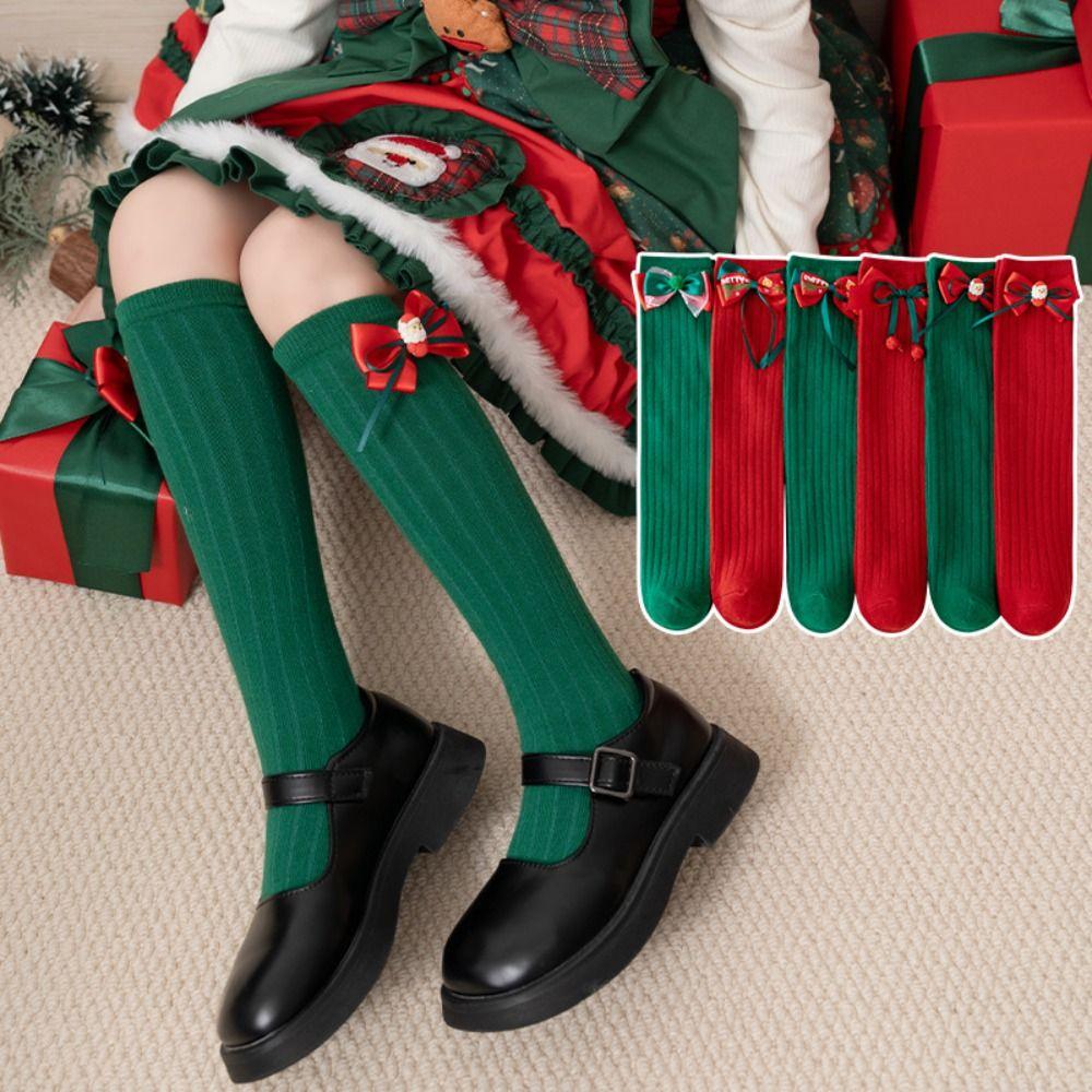 Green New Year Red Socks Cotton Children Long Socks Casual Bow Hosiery for Kids  Winter