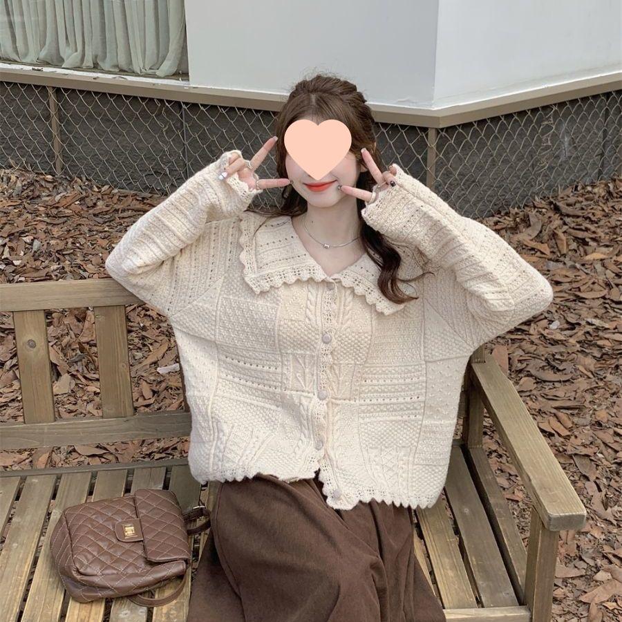 Women's Knitted Cardigan with Peter Pan Collar - French Chic for Spring and Autumn
