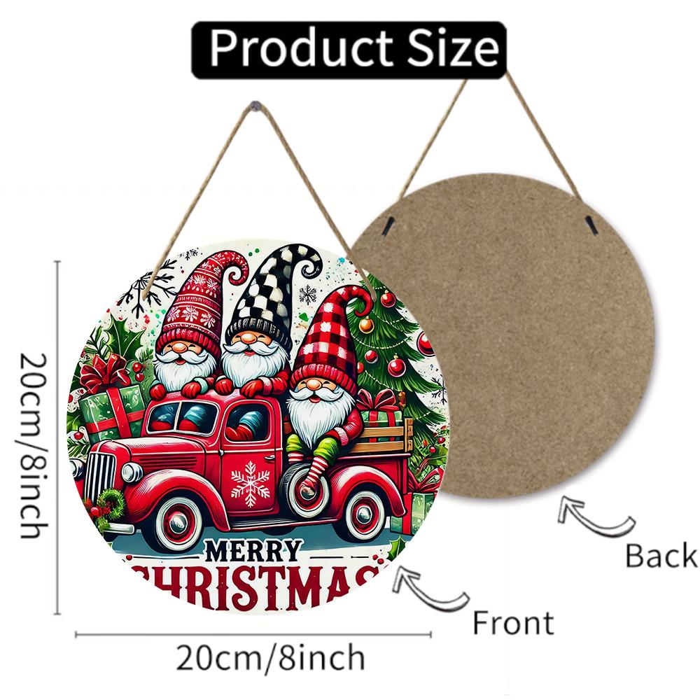 Christmas Gnomes Truck Print Round Wooden Hanging Plaque Farmhouse Wall Decor Festive Winter Porch Sign Holiday Home Decoration