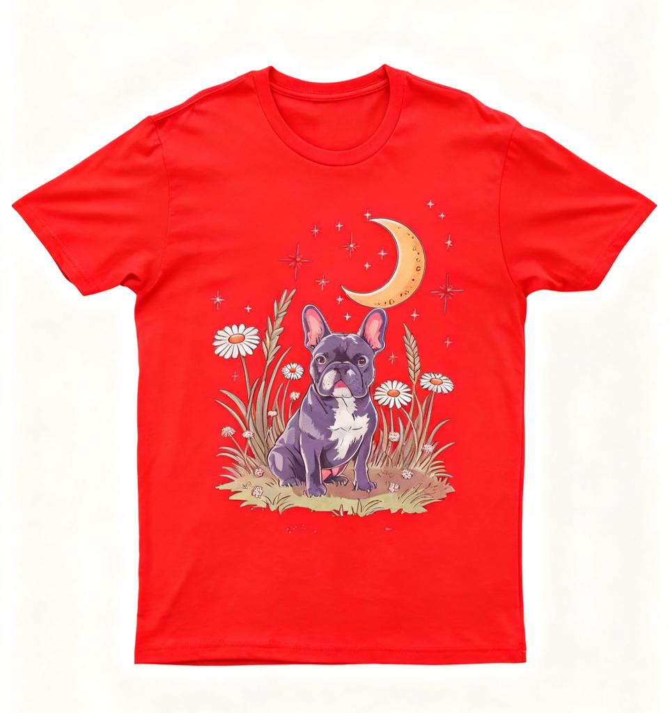 Vintage Mystisches Französische Bulldogge T-Shirt Schwarz mit Mond Stern Gänseblümchen Blumenmuster Künstlerische Freizeitkleidung für Boho Retro Stil Fans