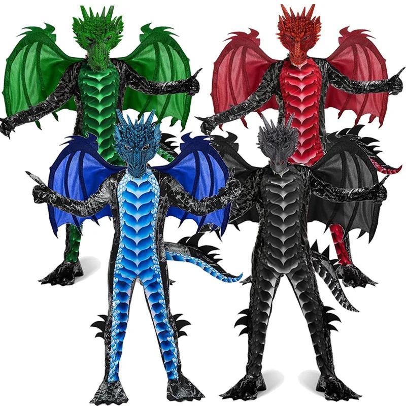 Kids Dragon Fire Halloween Jumpsuit Costume Set Green Red Black Blue for Boys with Wings Tail Mask Cosplay Dress Up Outfit
