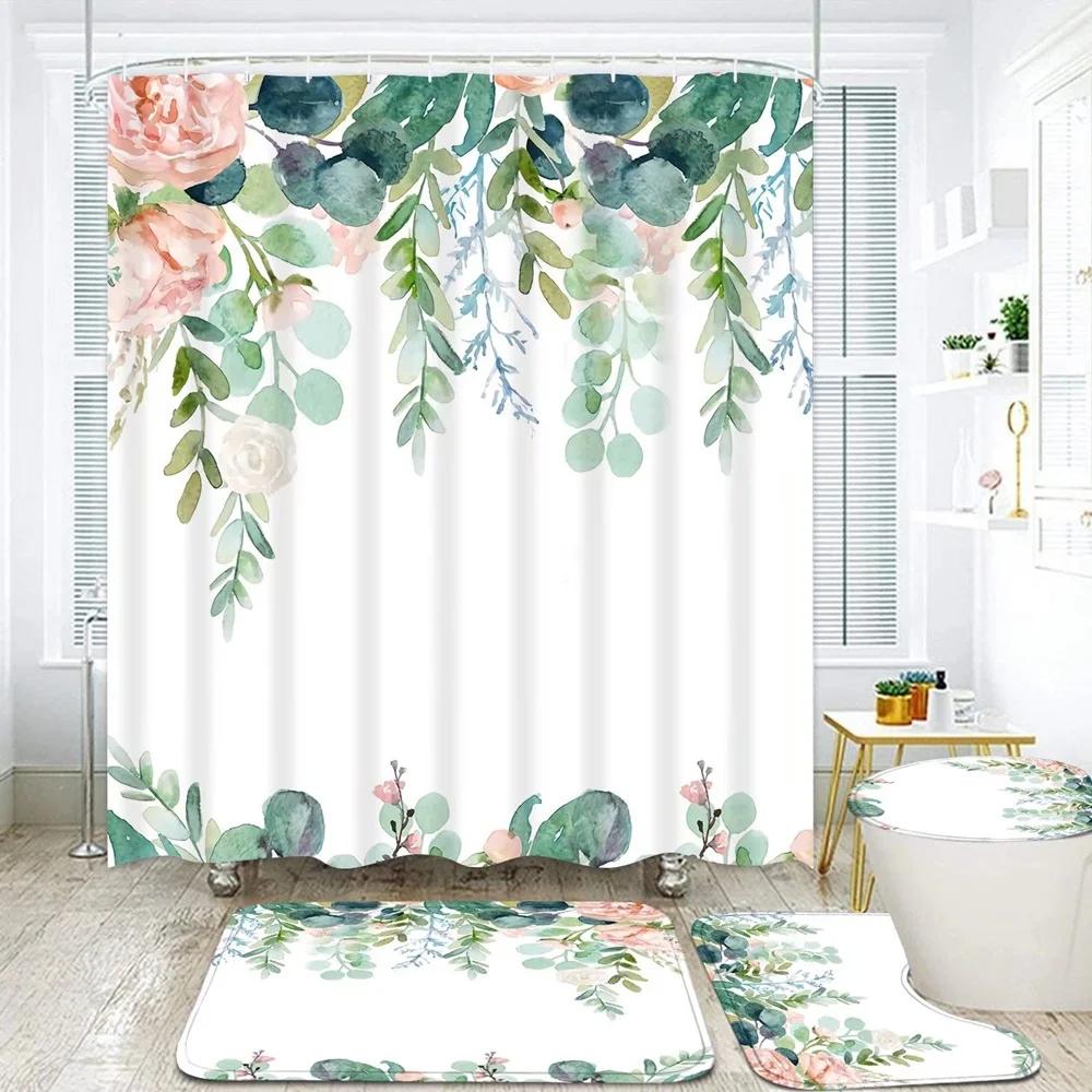 Green Leaves Shower Curtain Sets Spring Rural Plant Flower Bathroom Curtains Non-Slip Toilet Lid Cover Rug Baths Mats Home Decor