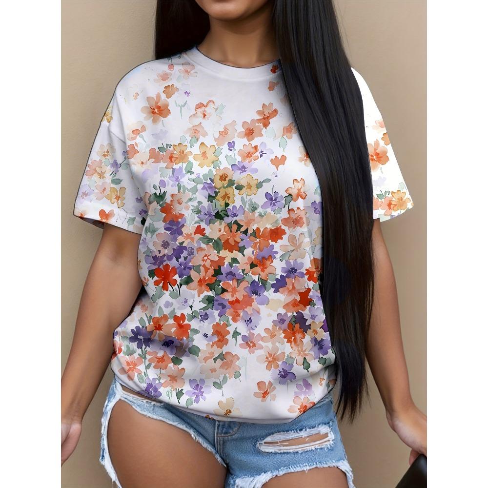 Summer New Women's Casual T-shirt Floral Print Fashion 3D Short Sleeved Round Neck Comfortable Plus Size T-shirt