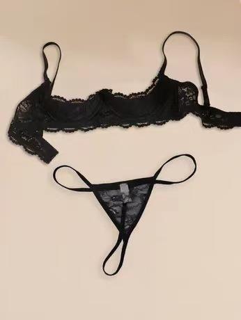 Sexy Black Lace Bare Chest Nipple Bra Gather Pure Desire Perspective Open Crotch Thong Underwear Suit Women