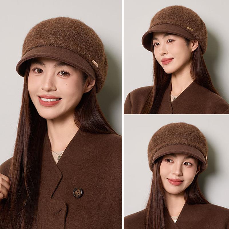 Women's Thick Wool Knitted Beret Autumn Winter Solid Color Stitching Cap