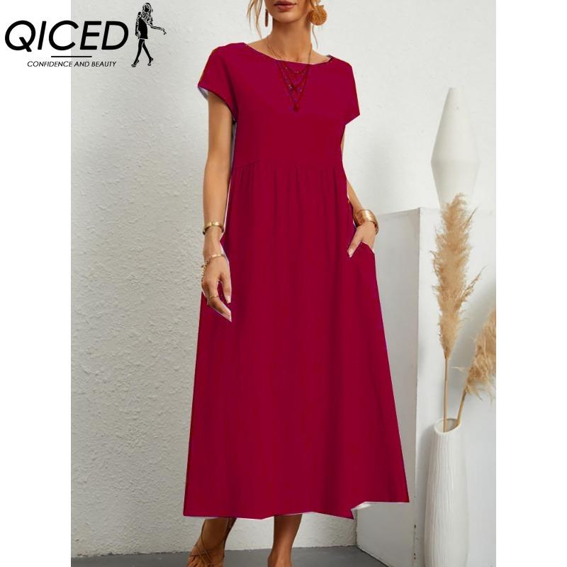 QICED Women's Fashion Summer Spring Solid Color Print O-Neck High Waist Casual Dresses