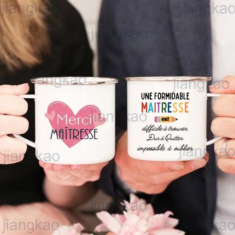 Merci Maitresse French Printed Mug Creative Coffee Cups Drinks Dessert Milk Enamel Cup Vintage Handle Drinkware Gift for Teacher
