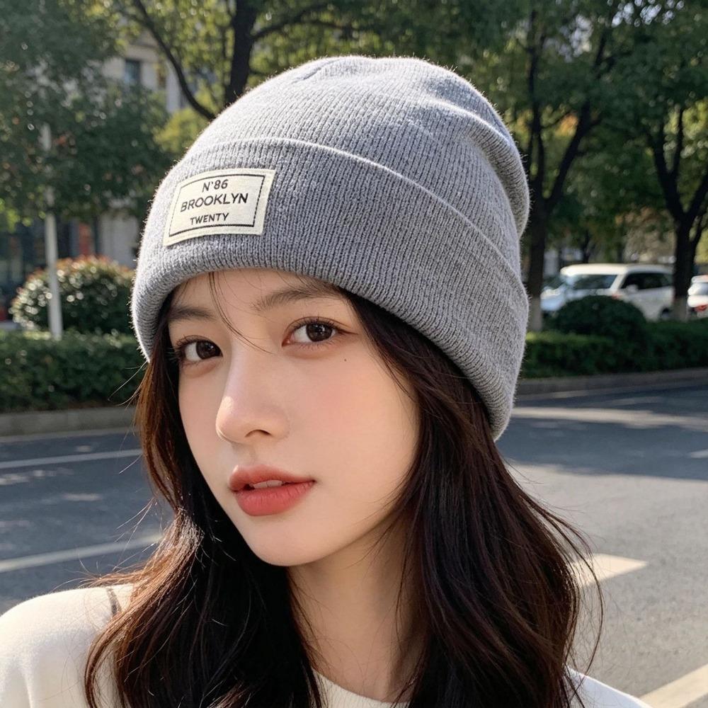 Letter Patch Pullover Cap Solid Color Crochet Hats Fashion Knitted Hat  Men