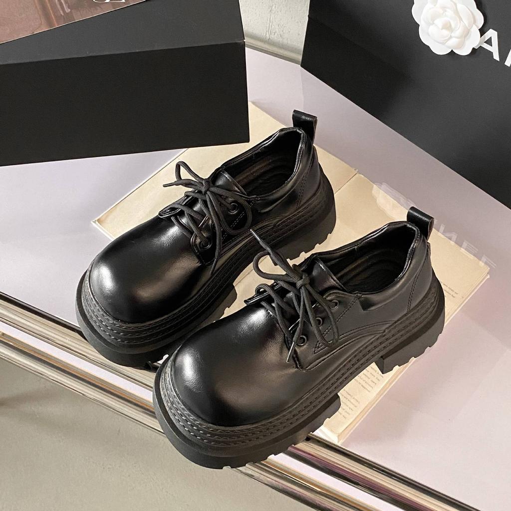 European thick-soled muffin loafers, children's spring new round head lace-up polished small leather shoes