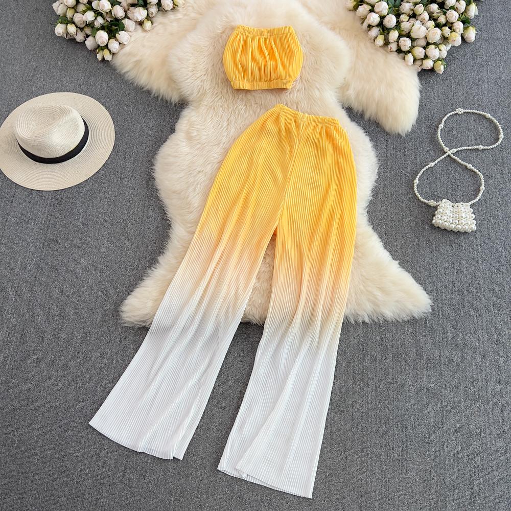 RUGOD 2022 Modeanzug Damen Sexy Tube Top Zweiteiliger Anzug mit hoher Taille Drapieren Lässige Farbverlaufsfarbe Gerade Hose mit weitem Bein