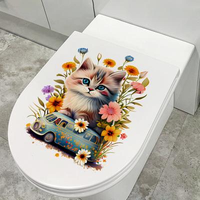 Adesivi murali impermeabili per la decorazione del coperchio del water del bagno, con simpatici gatti ad acquerello.