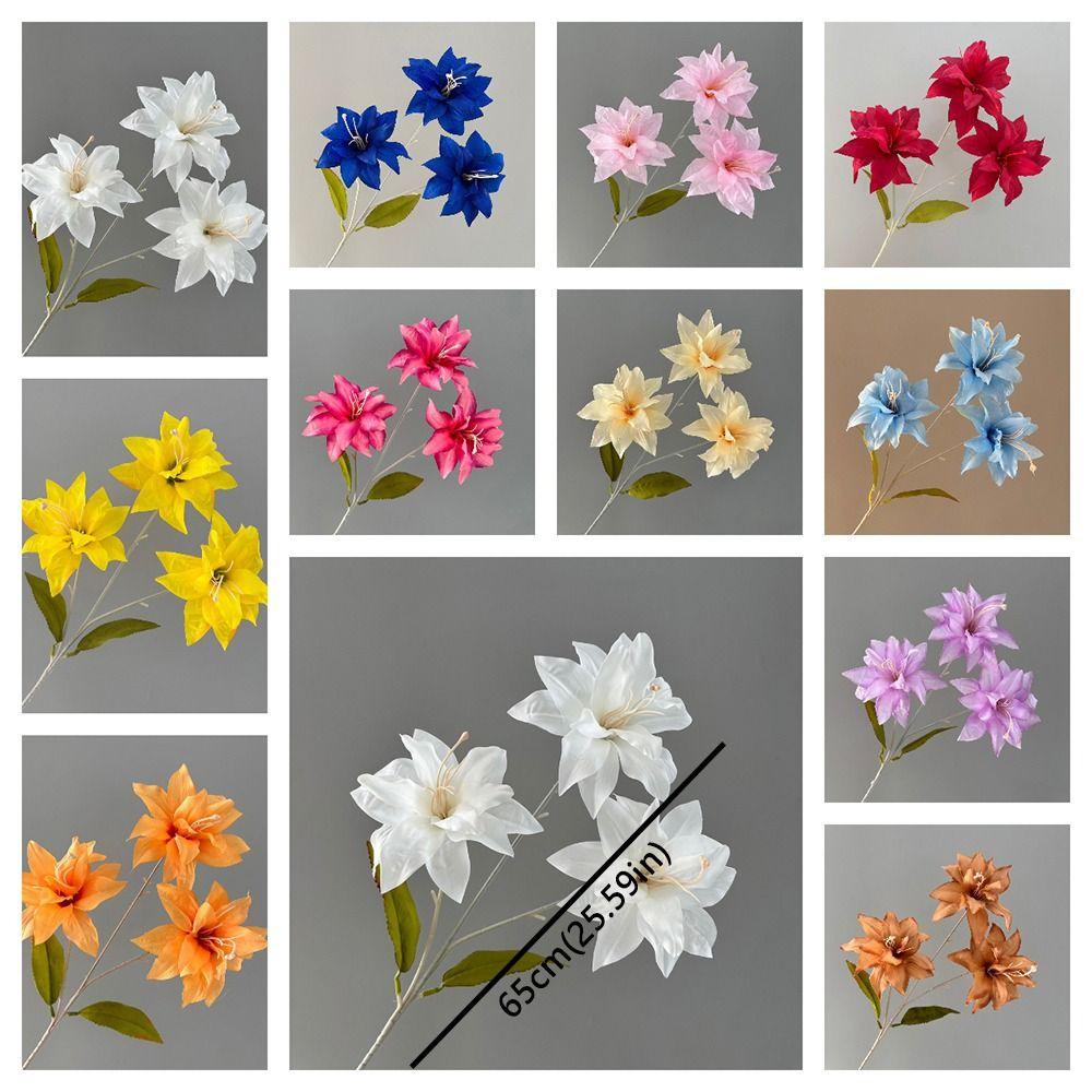 3 Heads Artificial Flower Branch Realistic Real Touch Lilium Brownii Flower Green Plants Handmade Simulation Flowers