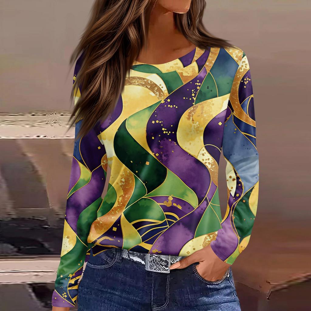 Moda feminina casual fenda bainha gola redonda manga comprida solta estampa camiseta top