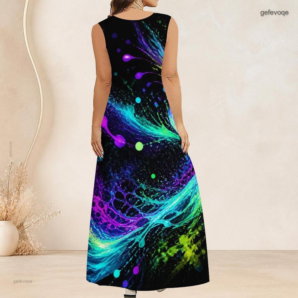Women Plus Size Scoop Neck Sleeveless A Line Black Floral Butterfly Print Maxi Dress