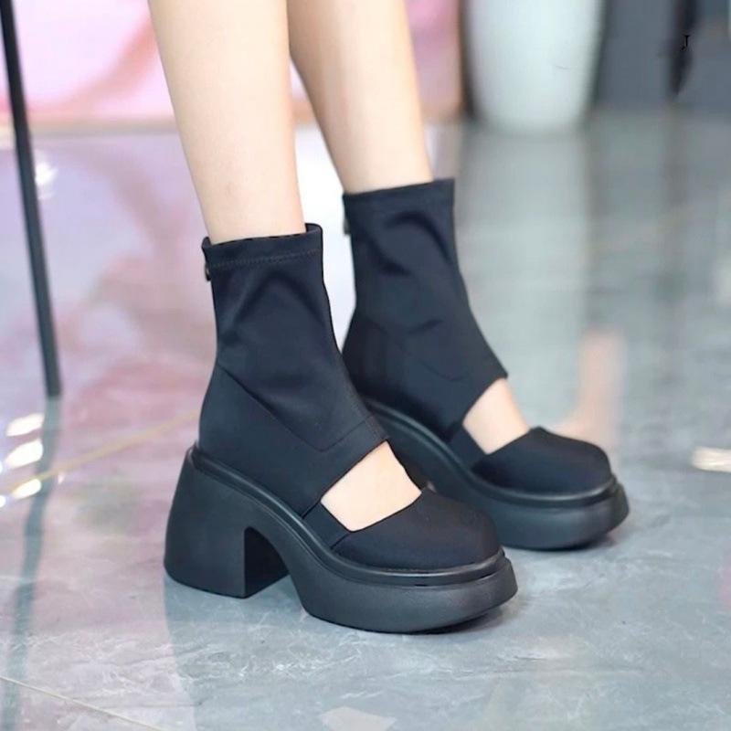 

Internet celebrity thin elastic leather thin short boots round head waterproof spring and summer new hollow thick bottom 35 чёрный