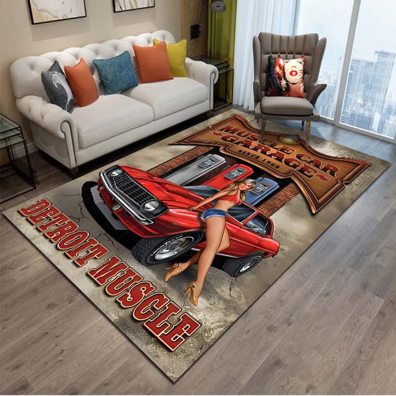 Old School Muscle Car Pattern Cool Area Rug Carpet for Living Room Anti-slip Rug Camping Picnic Mat Yoga Mat Kid Bedroom Decor