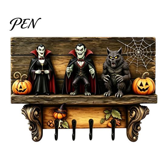 Halloween Party Atmosphere Decor Key Holder, Wooden Lady Ghost Holder with 4 Hooks, Wall Themed Art Mounted Spooky Rack Organizer for Entryway Hallway